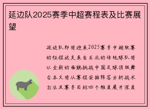 延边队2025赛季中超赛程表及比赛展望